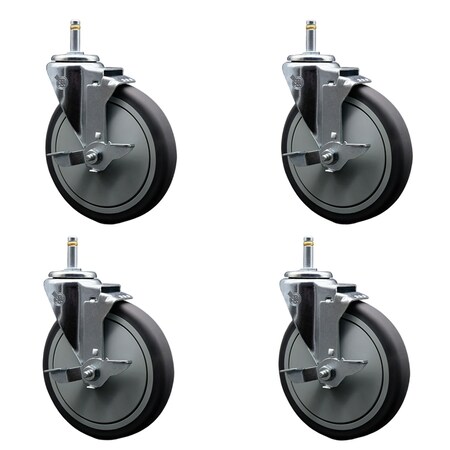 Service Caster 6'' Thermo Rubber Swivel 7/16'' Grip Ring Stem Caster Set with Brake, 4PK SCC-GR20S614-TPRB-TLB-716138-4